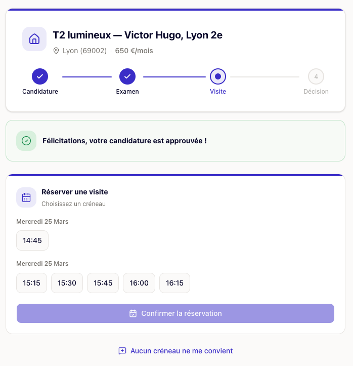 Capture d'écran de l'interface candidat avec le suivi de candidature et la réservation de visite