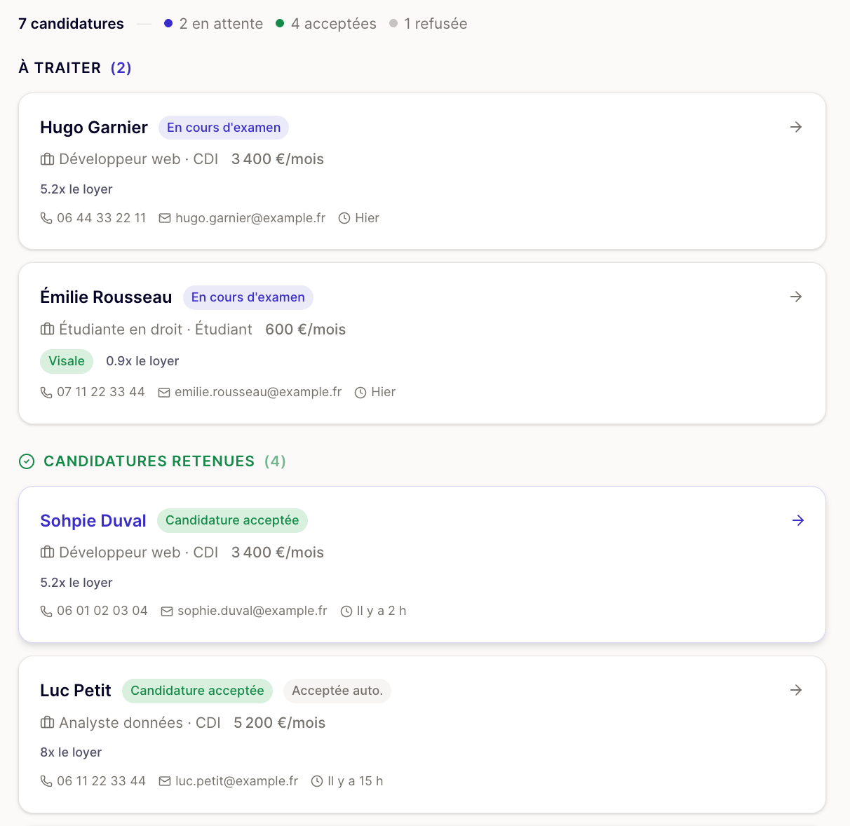 Capture d'écran du tableau de bord des candidatures avec statuts et filtres
